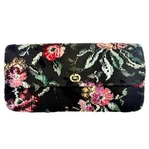 Vintage Black Floral Velvet Tapestry Clutch Brass Lock, Cottage Romantic Evening